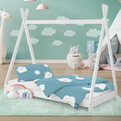 Kinderbett Tipi 80x160 cm Weiß aus Kiefernholz Holzbett mit Lattenrost ML-Design-ECD Germany Outlet