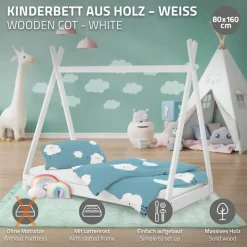 Kinderbett Tipi 80x160 cm Weiß aus Kiefernholz Holzbett mit Lattenrost ML-Design-ECD Germany Outlet