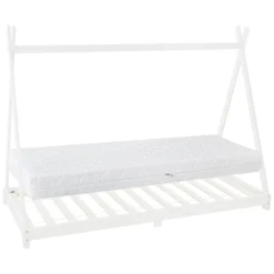 Kinderbett Tipi 90x200 cm Weiß aus Kiefernholz inkl. Matratze H-16cm Holzbett mit Lattenrost ML-Design-ECD Germany Clearance