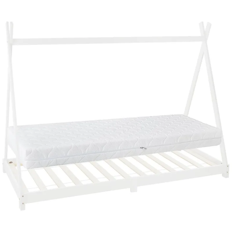 Kinderbett Tipi 90x200 cm Weiß aus Kiefernholz inkl. Matratze H-16cm Holzbett mit Lattenrost ML-Design-ECD Germany Clearance