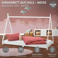 Kinderbett Tipi 90x200 cm Weiß aus Kiefernholz inkl. Matratze H-16cm Holzbett mit Lattenrost ML-Design-ECD Germany Clearance