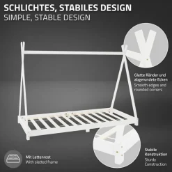 Kinderbett Tipi 90x200 cm Weiß aus Kiefernholz inkl. Matratze H-16cm Holzbett mit Lattenrost ML-Design-ECD Germany Clearance
