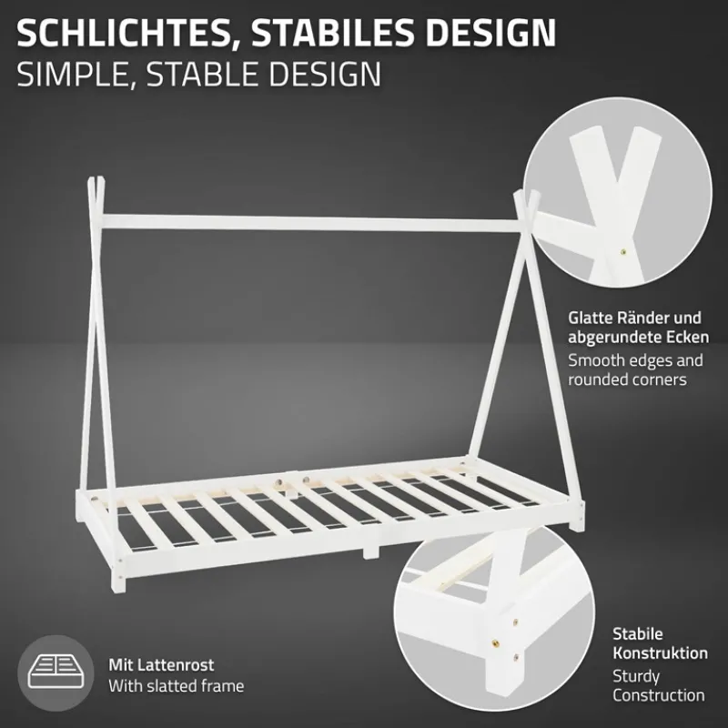 Kinderbett Tipi 90x200 cm Weiß aus Kiefernholz inkl. Matratze H-16cm Holzbett mit Lattenrost ML-Design-ECD Germany Clearance