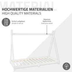 Kinderbett Tipi 90x200 cm Weiß aus Kiefernholz inkl. Matratze H-16cm Holzbett mit Lattenrost ML-Design-ECD Germany Clearance