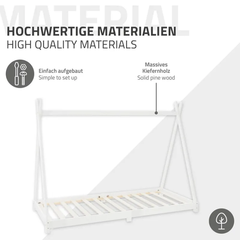 Kinderbett Tipi 90x200 cm Weiß aus Kiefernholz inkl. Matratze H-16cm Holzbett mit Lattenrost ML-Design-ECD Germany Clearance