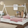Kinderbett Tipi 90x200 cm Weiß aus Kiefernholz mit Rausfallschutz und Lattenrost Holzbett ML-Design-ECD Germany Hot