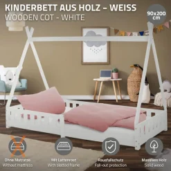 Kinderbett Tipi 90x200 cm Weiß aus Kiefernholz mit Rausfallschutz und Lattenrost Holzbett ML-Design-ECD Germany Hot