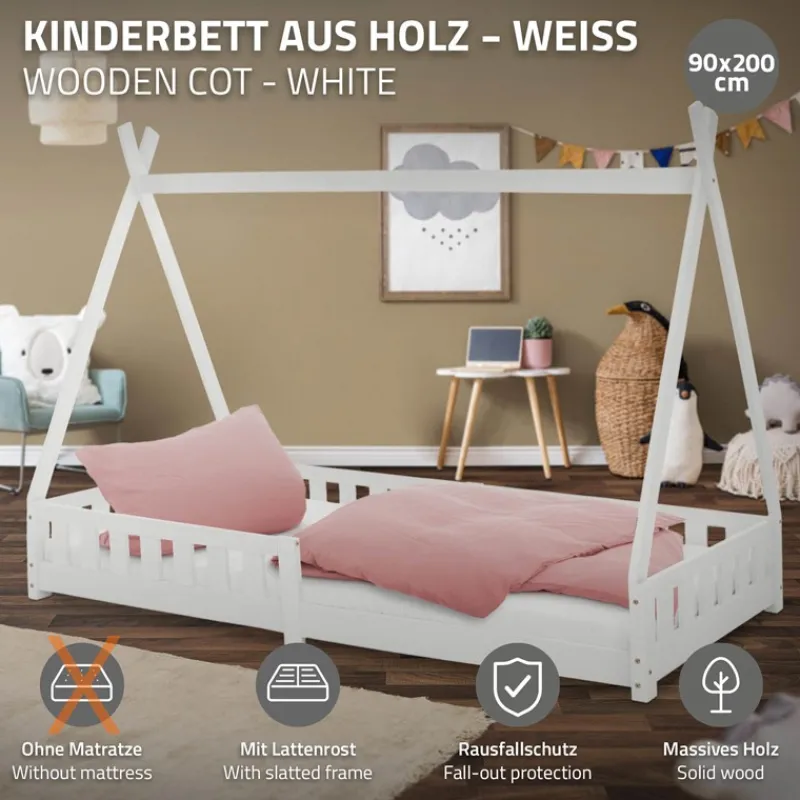 Kinderbett Tipi 90x200 cm Weiß aus Kiefernholz mit Rausfallschutz und Lattenrost Holzbett ML-Design-ECD Germany Hot