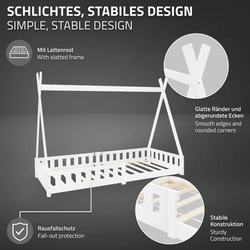 Kinderbett Tipi 90x200 cm Weiß aus Kiefernholz mit Rausfallschutz und Lattenrost Holzbett ML-Design-ECD Germany Hot