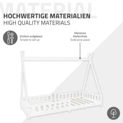 Kinderbett Tipi 90x200 cm Weiß aus Kiefernholz mit Rausfallschutz und Lattenrost Holzbett ML-Design-ECD Germany Hot