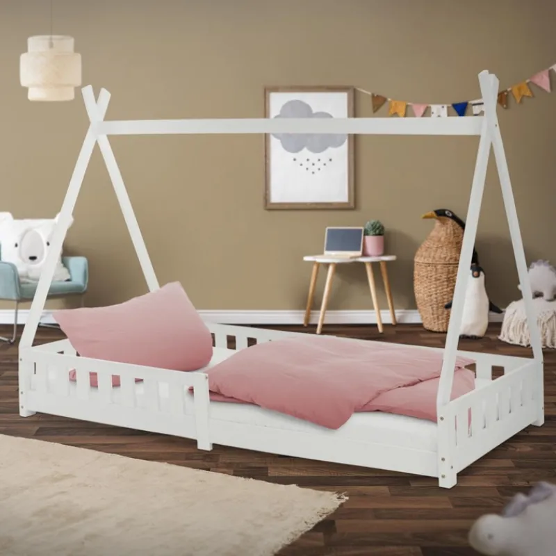 Kinderbett Tipi 90x200 cm Weiß aus Kiefernholz mit Rausfallschutz und Lattenrost Holzbett ML-Design-ECD Germany Hot