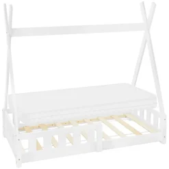 Kinderbett Tipi 70x140 cm Weiß aus Kiefernholz inkl. Matratze H-10cm Rausfallschutz und Lattenrost ML-Design-ECD Germany Best