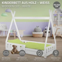 Kinderbett Tipi 70x140 cm Weiß aus Kiefernholz inkl. Matratze H-10cm Rausfallschutz und Lattenrost ML-Design-ECD Germany Best