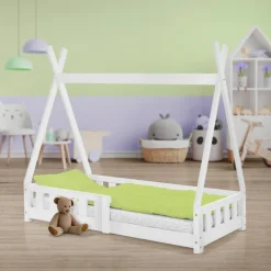 Kinderbett Tipi 70x140 cm Weiß aus Kiefernholz mit Rausfallschutz und Lattenrost Holzbett ML-Design-ECD Germany Online