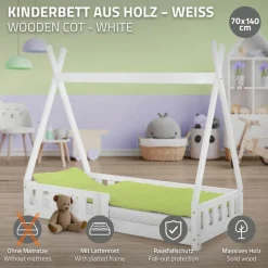 Kinderbett Tipi 70x140 cm Weiß aus Kiefernholz mit Rausfallschutz und Lattenrost Holzbett ML-Design-ECD Germany Online