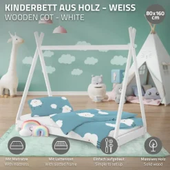 Kinderbett Tipi 80x160 cm Weiß aus Kiefernholz inkl. Matratze H-10cm Holzbett mit Lattenrost ML-Design-ECD Germany