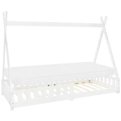 Kinderbett Tipi 90x200 cm Weiß aus Kiefernholz inkl. Matratze H-10cm Rausfallschutz und Lattenrost ML-Design-ECD Germany New