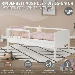 Kinderbett 70x140 cm mit Lattenrost und Rausfallschutz Weiß/Natur Kiefernholz ML-Design-ECD Germany Sale