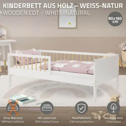 Kinderbett 80x160 cm mit Lattenrost und Rausfallschutz Weiß/Natur Kiefernholz ML-Design-ECD Germany New