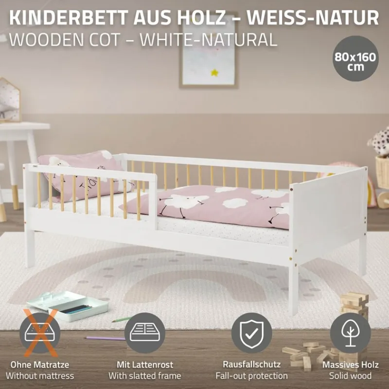 Kinderbett 80x160 cm mit Lattenrost und Rausfallschutz Weiß/Natur Kiefernholz ML-Design-ECD Germany New