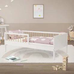 Kinderbett 80x160 cm mit Lattenrost und Rausfallschutz Weiß/Natur Kiefernholz ML-Design-ECD Germany New