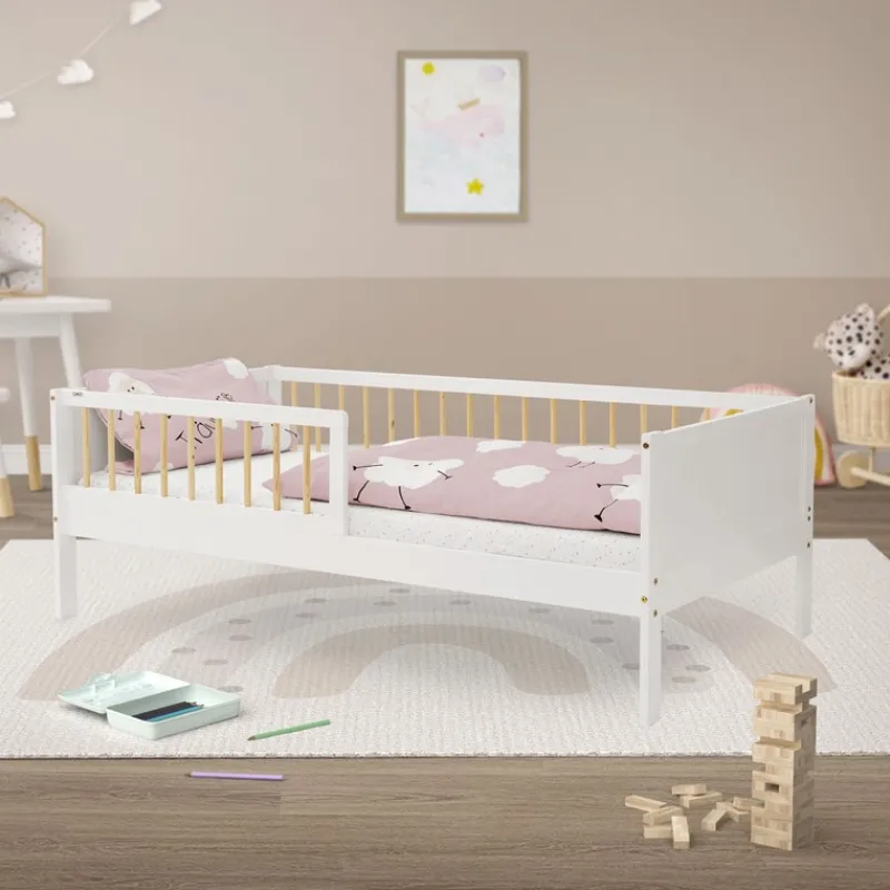 Kinderbett 80x160 cm mit Lattenrost und Rausfallschutz Weiß/Natur Kiefernholz ML-Design-ECD Germany New