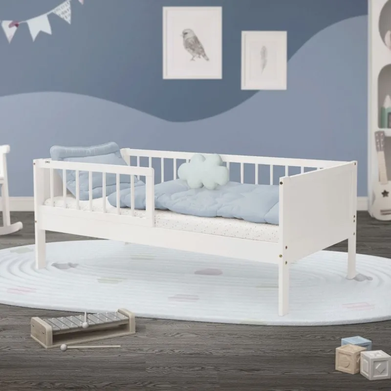 Kinderbett 70x140 cm mit Lattenrost und Rausfallschutz Weiß Kiefernholz ML-Design-ECD Germany Discount