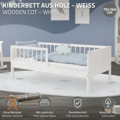 Kinderbett 70x140 cm mit Lattenrost und Rausfallschutz Weiß Kiefernholz ML-Design-ECD Germany Discount