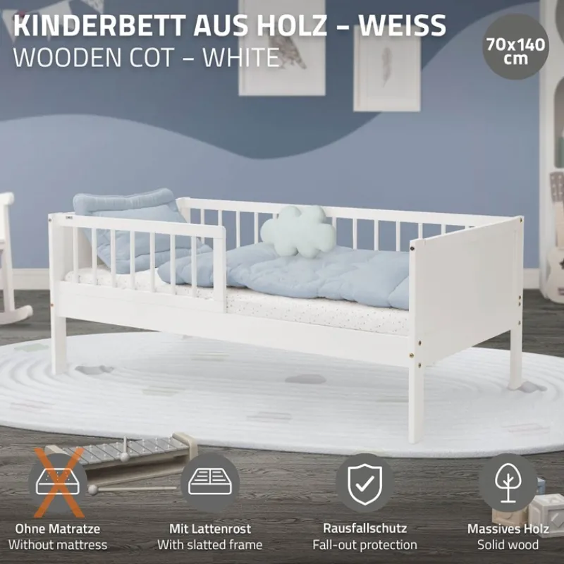 Kinderbett 70x140 cm mit Lattenrost und Rausfallschutz Weiß Kiefernholz ML-Design-ECD Germany Discount