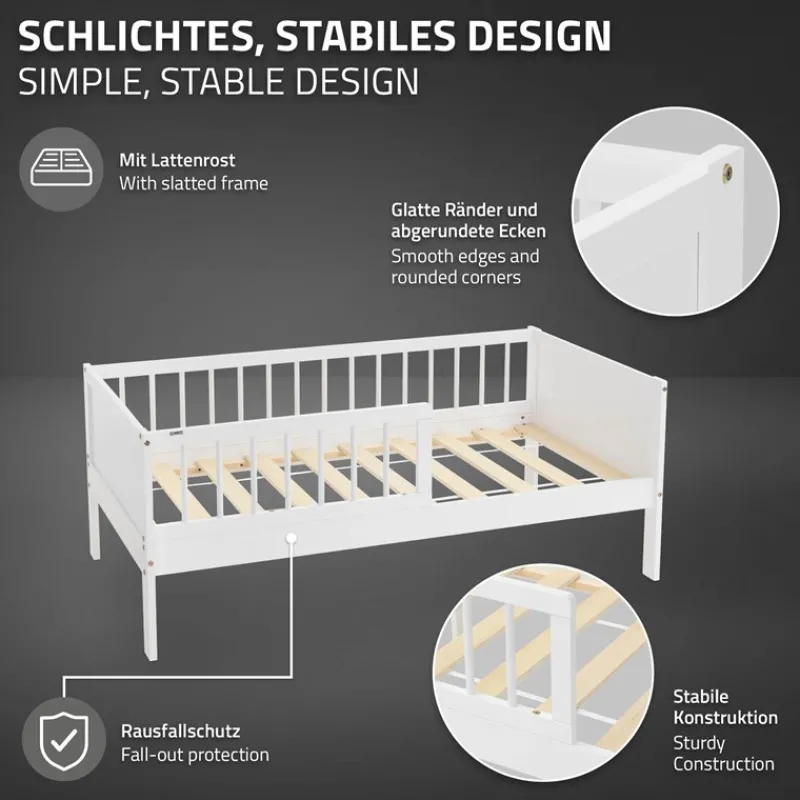 Kinderbett 70x140 cm mit Lattenrost und Rausfallschutz Weiß Kiefernholz ML-Design-ECD Germany Discount