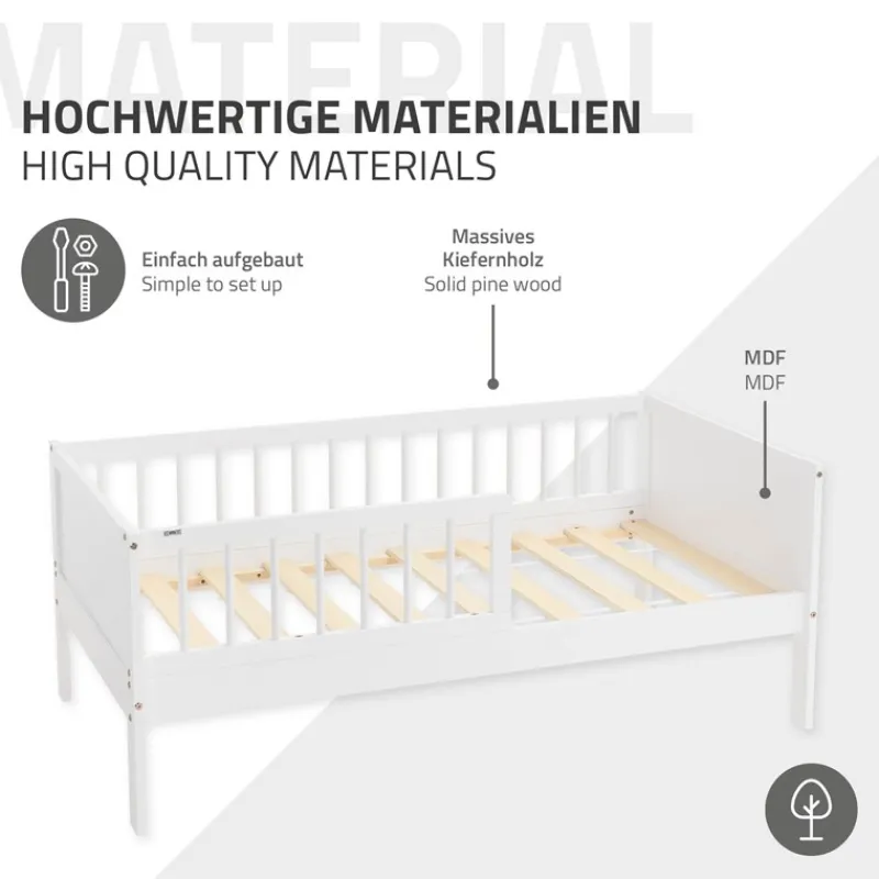 Kinderbett 70x140 cm mit Lattenrost und Rausfallschutz Weiß Kiefernholz ML-Design-ECD Germany Discount