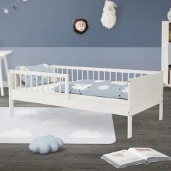 Kinderbett 80x160 cm mit Lattenrost und Rausfallschutz Weiß Kiefernholz ML-Design-ECD Germany Best