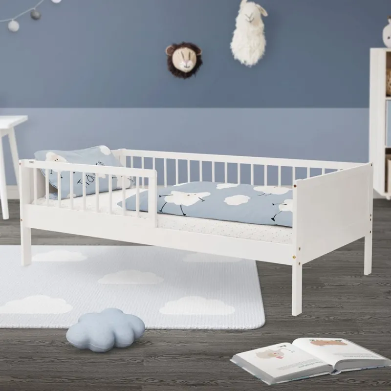 Kinderbett 80x160 cm mit Lattenrost und Rausfallschutz Weiß Kiefernholz ML-Design-ECD Germany Best