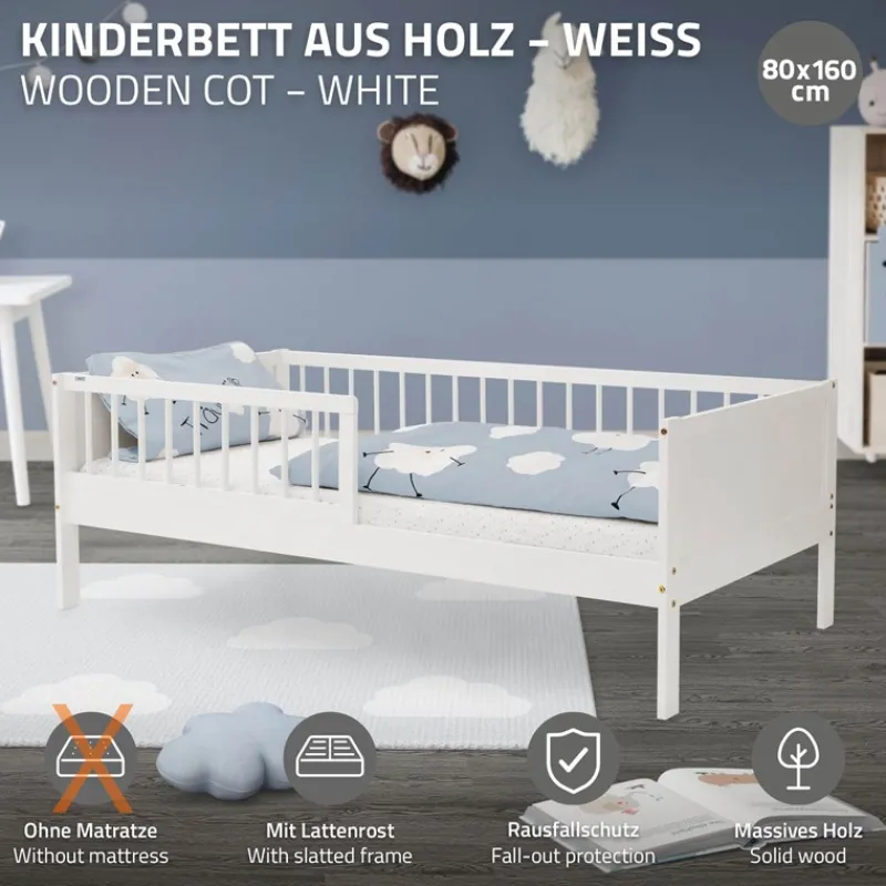 Kinderbett 80x160 cm mit Lattenrost und Rausfallschutz Weiß Kiefernholz ML-Design-ECD Germany Best