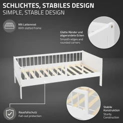 Kinderbett 80x160 cm mit Lattenrost und Rausfallschutz Weiß Kiefernholz ML-Design-ECD Germany Best