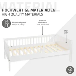Kinderbett 80x160 cm mit Lattenrost und Rausfallschutz Weiß Kiefernholz ML-Design-ECD Germany Best