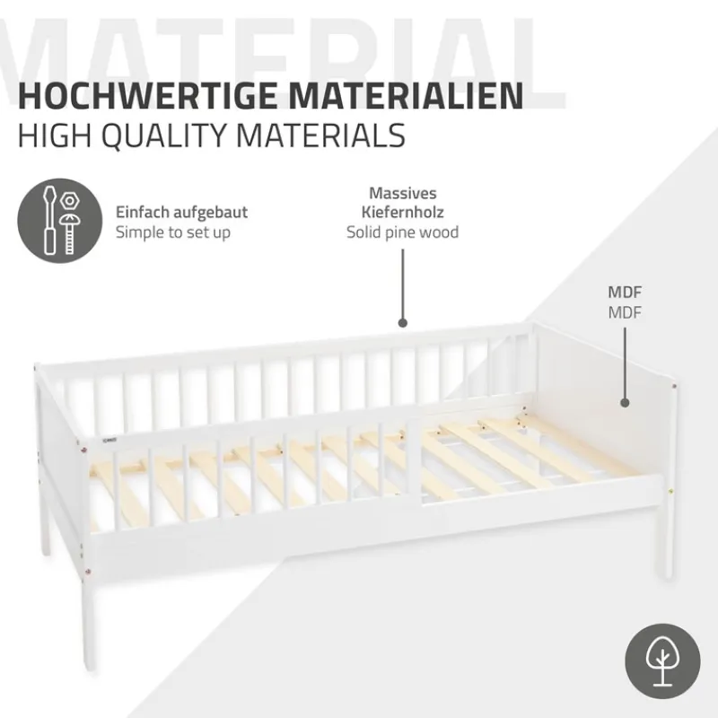 Kinderbett 80x160 cm mit Lattenrost und Rausfallschutz Weiß Kiefernholz ML-Design-ECD Germany Best