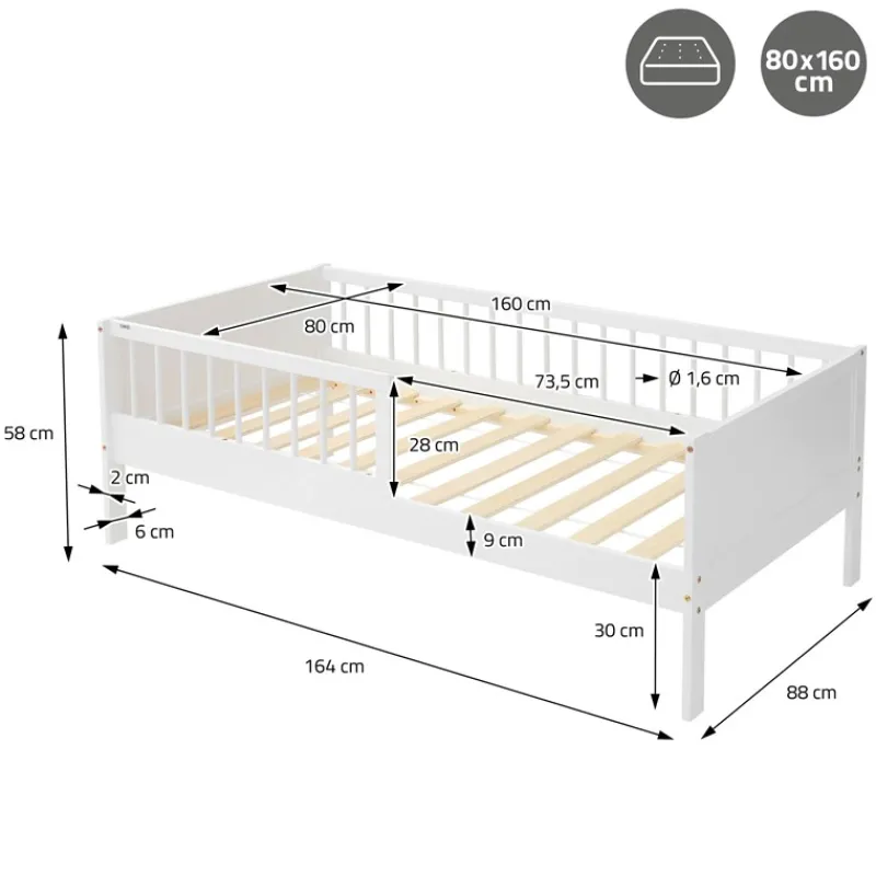 Kinderbett 80x160 cm mit Lattenrost und Rausfallschutz Weiß Kiefernholz ML-Design-ECD Germany Best
