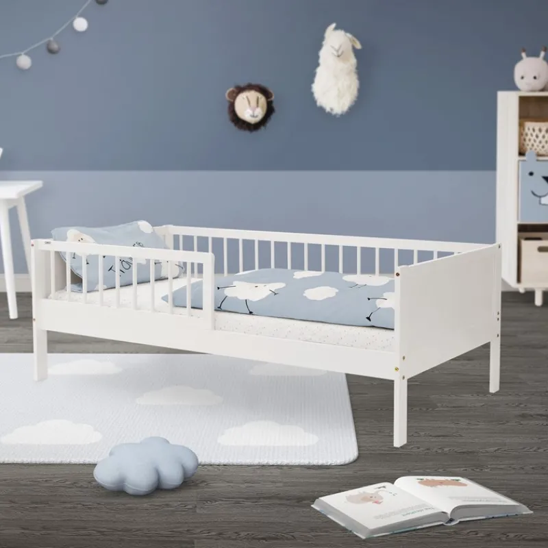 Kinderbett 80x160 cm mit Lattenrost und Rausfallschutz Weiß Kiefernholz ML-Design-ECD Germany Best