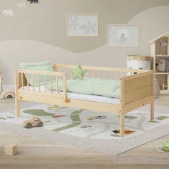 Kinderbett 70x140 cm mit Lattenrost und Rausfallschutz Natur Kiefernholz ML-Design-ECD Germany
