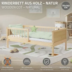 Kinderbett 70x140 cm mit Lattenrost und Rausfallschutz Natur Kiefernholz ML-Design-ECD Germany