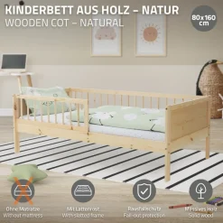 Kinderbett 80x160 cm mit Lattenrost und Rausfallschutz Natur Kiefernholz ML-Design-ECD Germany Hot