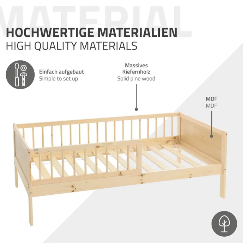 Kinderbett 80x160 cm mit Lattenrost und Rausfallschutz Natur Kiefernholz ML-Design-ECD Germany Hot