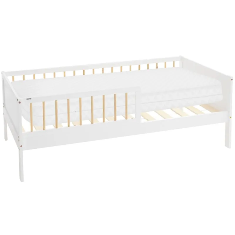 Kinderbett 80x160 cm mit Matratze, Lattenrost und Rausfallschutz in Weiß/Natur ML-Design-ECD Germany Outlet