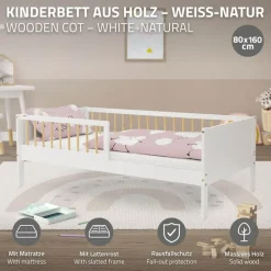 Kinderbett 80x160 cm mit Matratze, Lattenrost und Rausfallschutz in Weiß/Natur ML-Design-ECD Germany Outlet