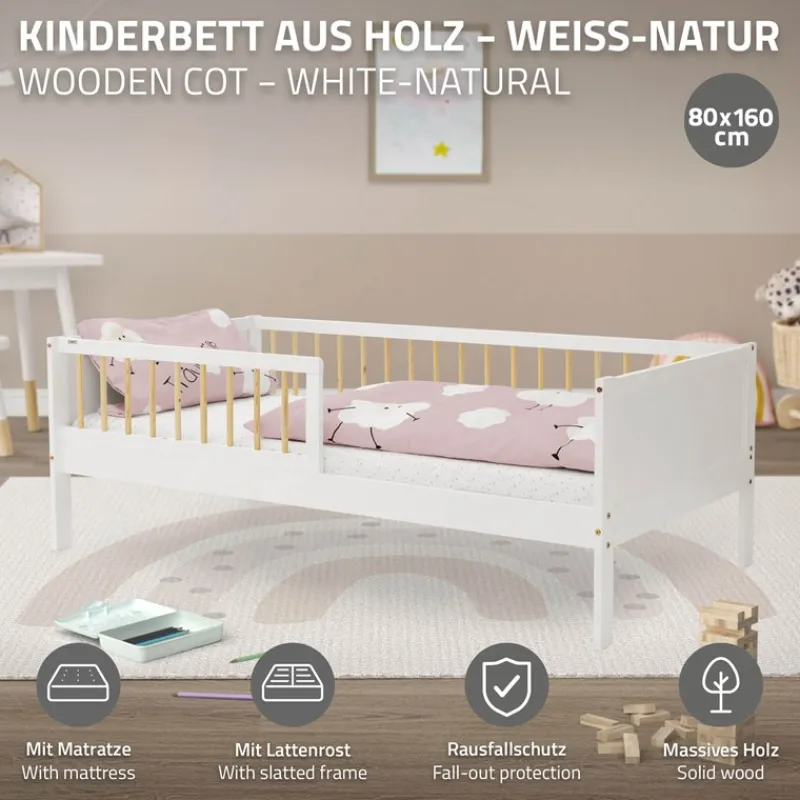 Kinderbett 80x160 cm mit Matratze, Lattenrost und Rausfallschutz in Weiß/Natur ML-Design-ECD Germany Outlet