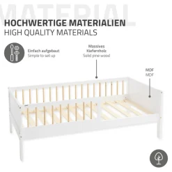 Kinderbett 80x160 cm mit Matratze, Lattenrost und Rausfallschutz in Weiß/Natur ML-Design-ECD Germany Outlet