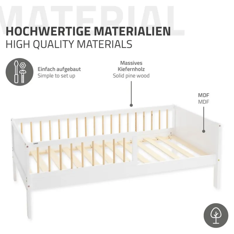 Kinderbett 80x160 cm mit Matratze, Lattenrost und Rausfallschutz in Weiß/Natur ML-Design-ECD Germany Outlet