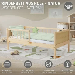 Kinderbett 70x140 cm mit Matratze, Lattenrost und Rausfallschutz in Natur ML-Design-ECD Germany Sale