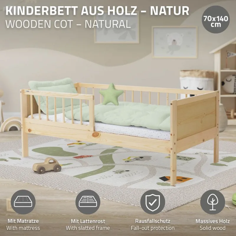 Kinderbett 70x140 cm mit Matratze, Lattenrost und Rausfallschutz in Natur ML-Design-ECD Germany Sale